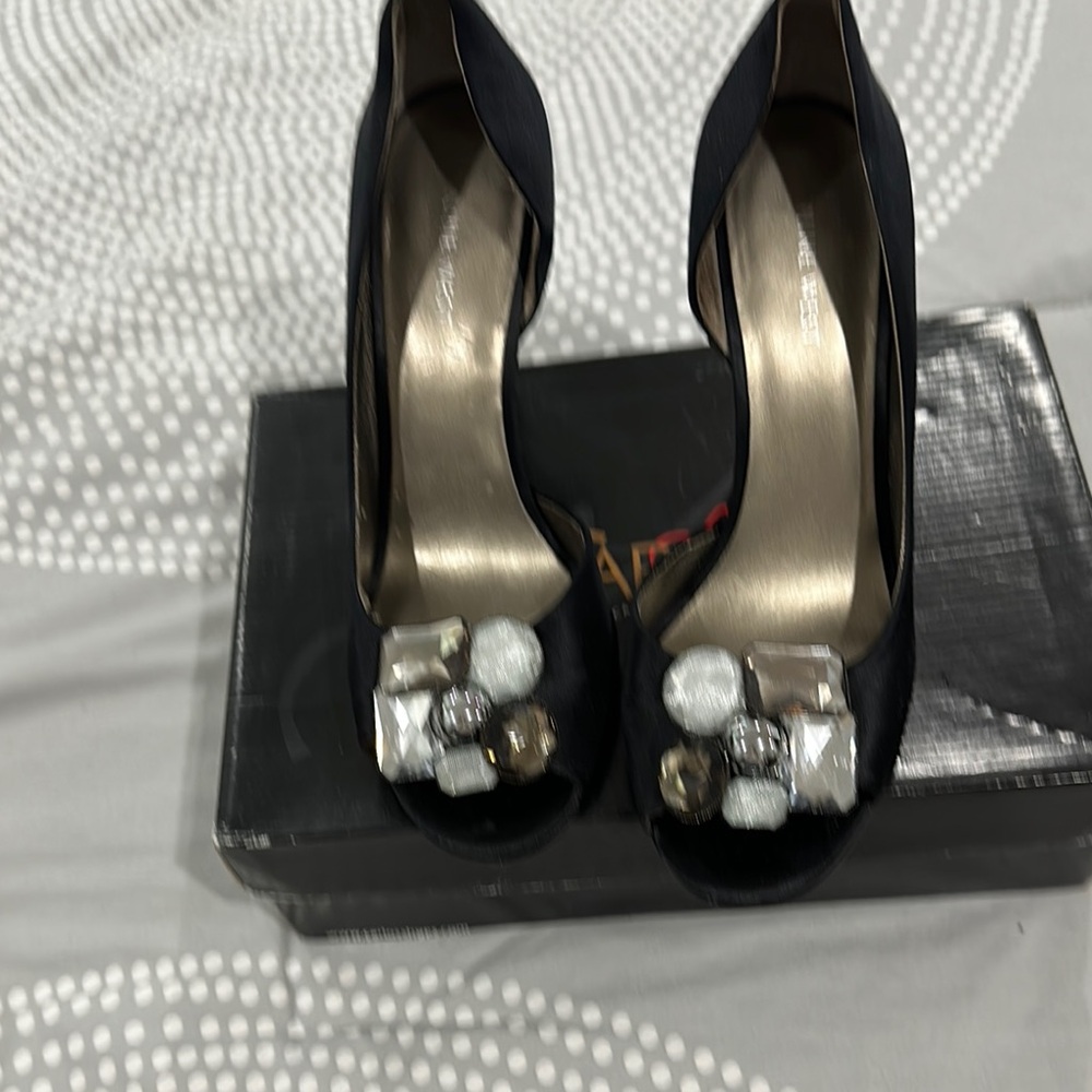 Elegant Black Peep-Toe Heels with Embellishments